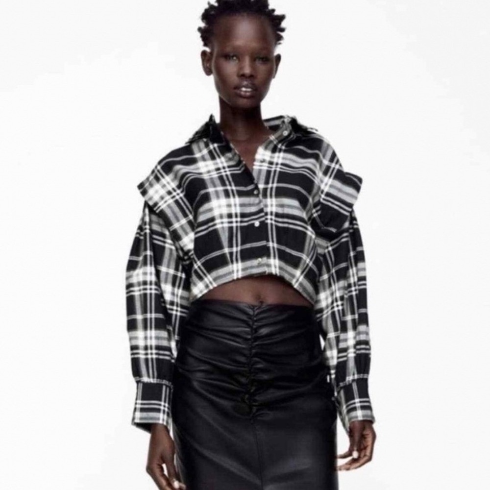 Zara Checked Balloon Sleeve Cropped Button Down Shirt Sz XS Plaid